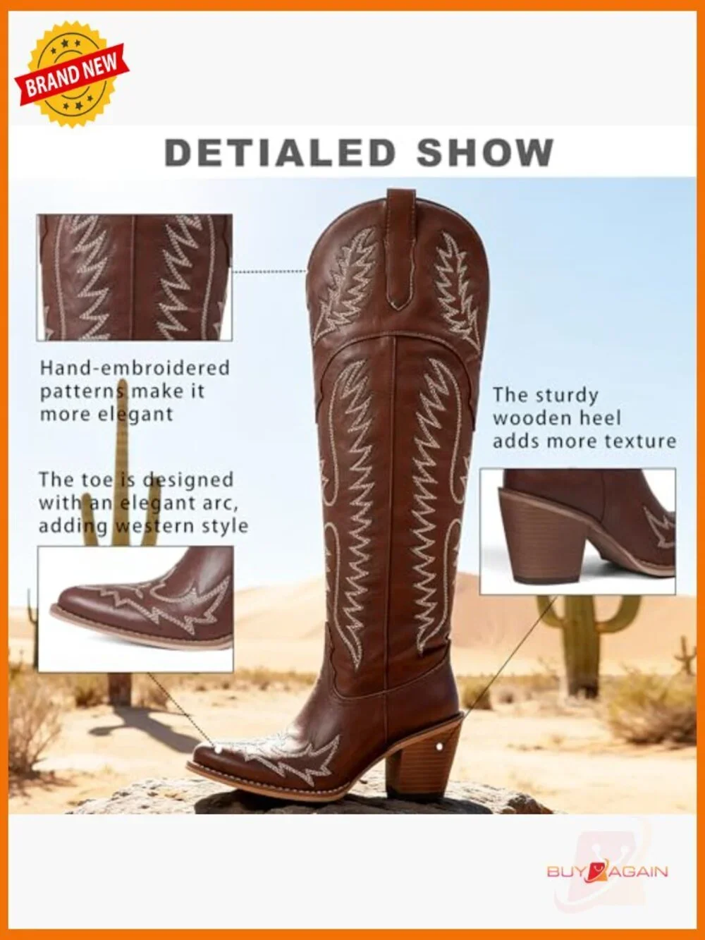 Women's Over-the-Knee Cowboy Boots with Embroidered Chunky Heel Slip-On